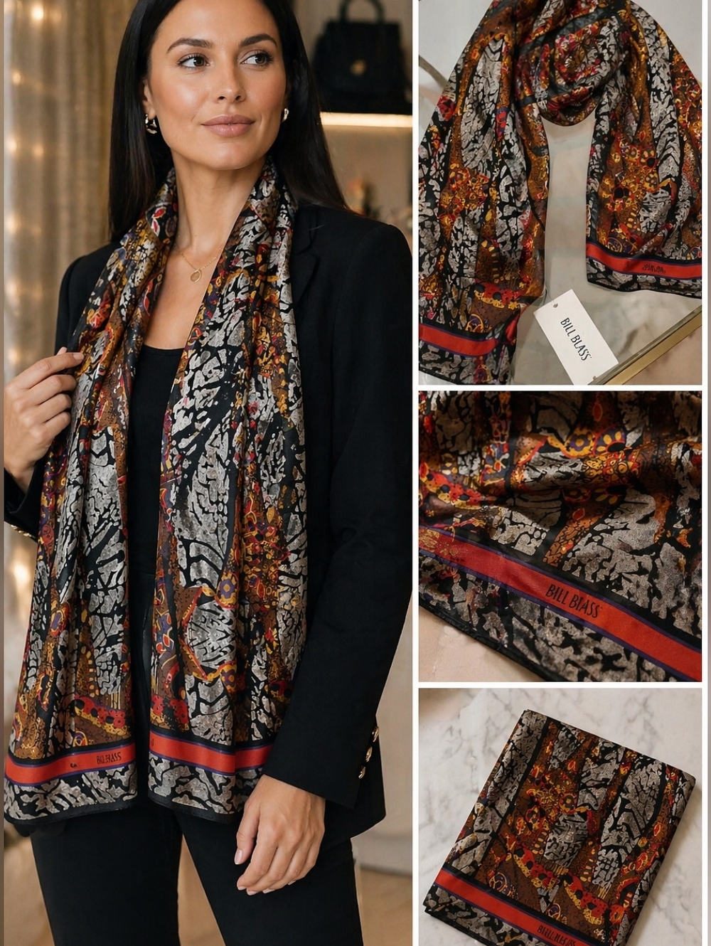 Bill Blass Signed Silk Scarf Made in Japan – Abstract Artistic Print Luxury